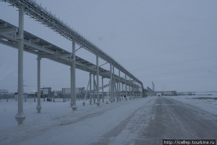 Это отсыпанная дорога рядом с жилым поселком вахтовиков, построенным для добывания нефти или газа. Ненецкий автономный округ, Россия