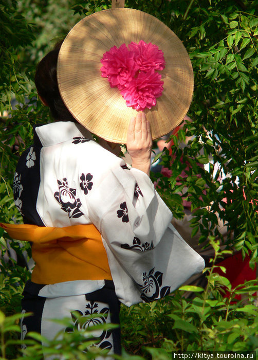 Участница парада Дзидай мацури прячется в кустах Киото, Япония