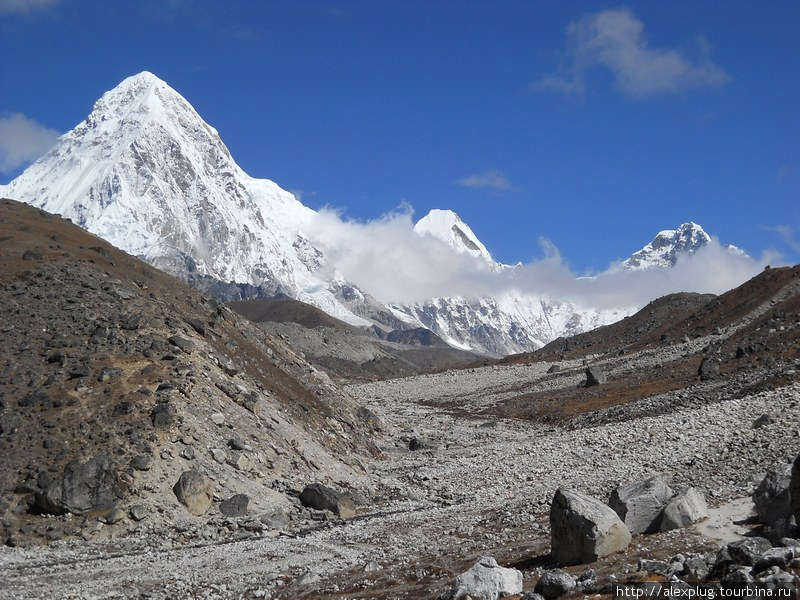 Слева на право: Пумо Ри (7138м), Лингтрен (6713м), Кхумбутсе (6639м). Лобуче, Непал