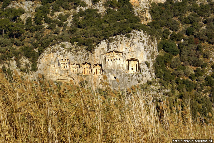 Ликийские гробницы вырублены в скале с видом на реку Дальян Дальян, Турция