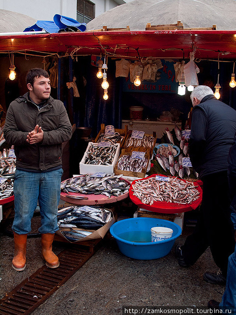 Стамбул. Рыбный рынок на берегу пролива Золотой Рог. Здесь в пролетарских столовых продают самый свежий и дешевый балык-экмек (сэндвич с жареной рыбой). Турция