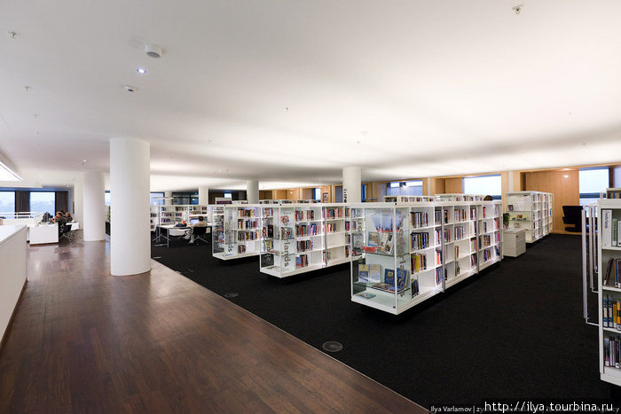 28 км полок, рассчитанных на новые поступления ещё в течение 20 лет. Уже сейчас в библиотеке более 1,5 миллионов книг, журналов, DVD, CD, которые можно взять на дом или ознакомиться с ними на месте. Амстердам, Нидерланды