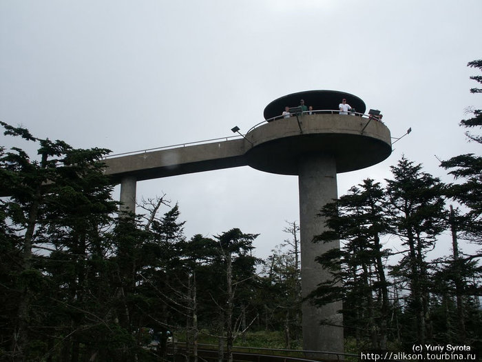 Самая высокая точка в парке. Такая платформа на столбе стоит на самой высокой горе. Грейт-Смоки-Маунтинс Национальный Парк, CША