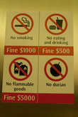 Список того, что нельзя делать в сингапурском метро.
Например, нельзя провозить дурианы.