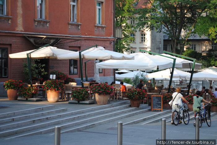 Кадки с цветами и зонтики сложных конструкций — типичный летний ресторан Любляны Любляна, Словения