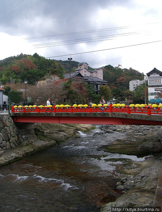 Река, вдоль которой стоят все рёканы. Мост украшен букетами хризантем (в ноябре в Японии праздник хризантем). Идзу, Япония