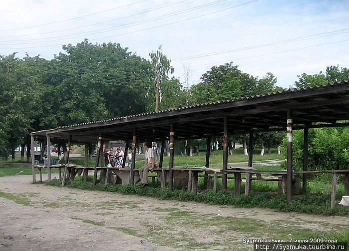 Рядом со станцией находится универсальное строение под названием длиннющий стол с лавками и навесом. Он же — рынок. Маньковка, Украина
