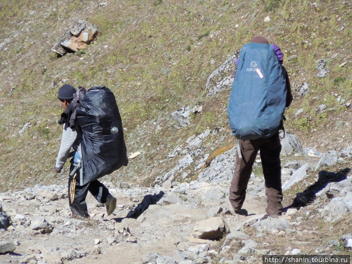 Туристы с рюкзаками на спуске Муктинатх, Непал