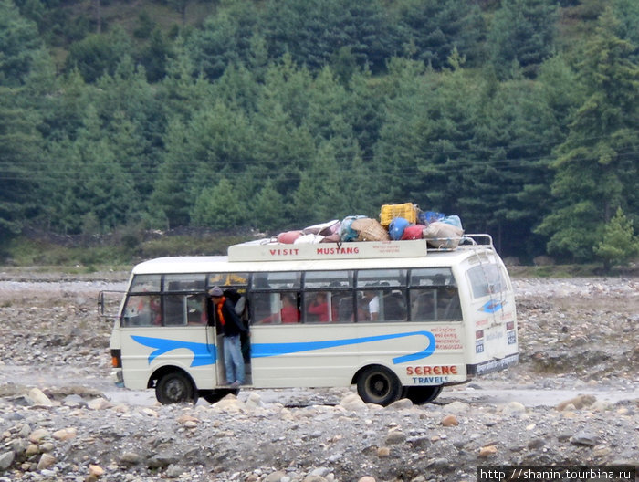 Автобус пересекает реку вброд Зона Дхавалагири, Непал