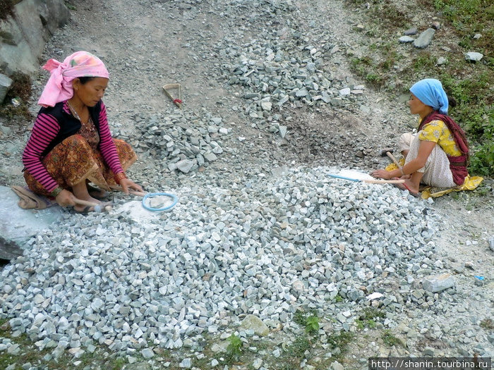 Женщина вручную дробят камни, чтобы сделать гравий Зона Дхавалагири, Непал