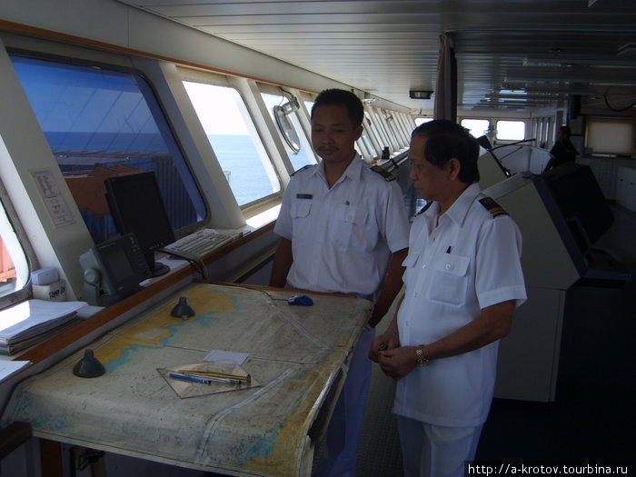 В капитанской рубке.
Плыть от Сурабаййи до Соронга = 5 дней Соронг, Индонезия