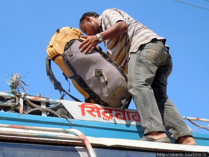 Рюкзаки везут на крыше Лумбини, Непал