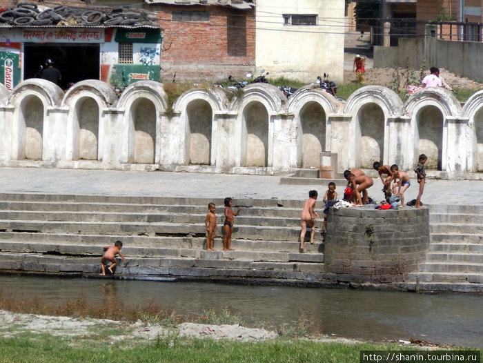 Дети купаются в реке Багмати Катманду, Непал