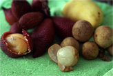 Слева-«Сала» насыщенно красно-коричневого цвета, покрытый множеством мелких колючек, вкусно.Справа-«Лам-яй» (Лонган). Этот маленький, круглый, коричневый фрукт растёт в гроздья- очень вкусный