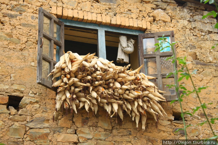 Кукурузу сушат на окнах домов Чобхар, Непал