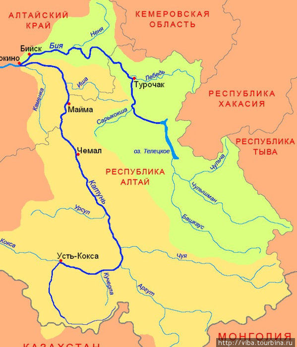 Карта-схема реки Катунь Горно-Алтайск, Россия