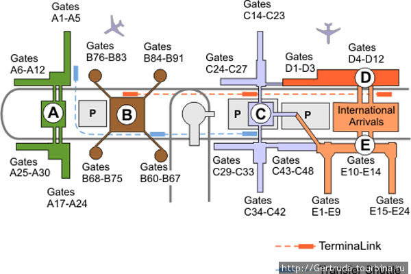 Это схема расположения терминалов в аэропорту им.Дж. Буша в Хьюстоне.