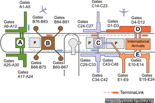 Это схема расположения терминалов в аэропорту им.Дж. Буша в Хьюстоне. Хьюстон, CША