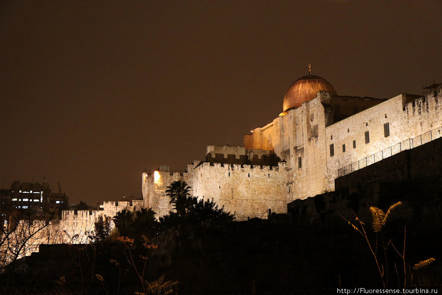 Вид на стену старого города снаружи. Купол принадлежит мечети Аль-Акса. Израиль