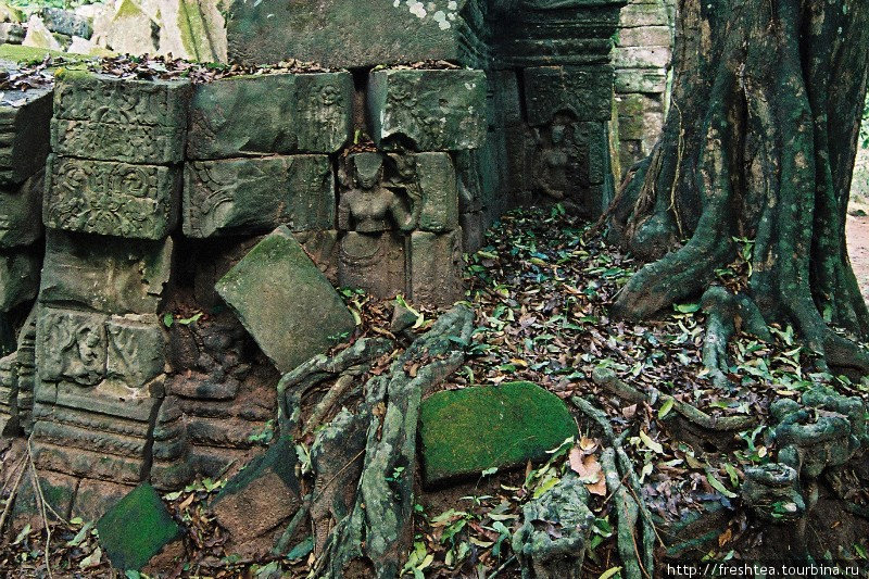 Силуэты апсар — от крошечных до внушительных. Трудно даже представить, сколько мастеров трудились над украшением храмов... Ангкор (столица государства кхмеров), Камбоджа
