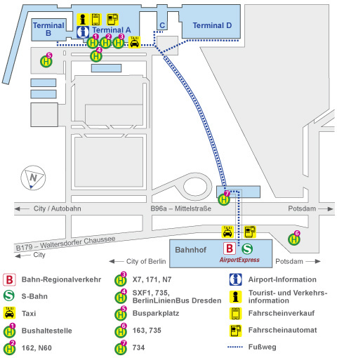 Схема терминалов и остановок общественного транспорта в аэропорту Берлин Шенефельд Берлин, Германия