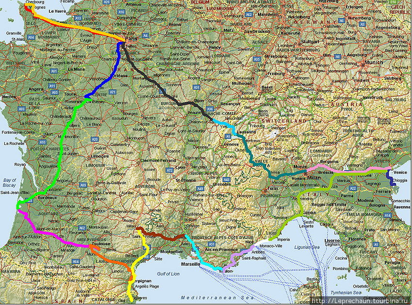Карта маршрута. Разные дни обозначены разными цветами Франция