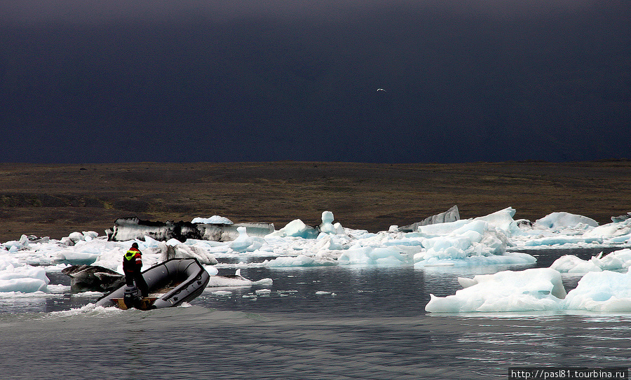Моторка — Зодиак — разведывает дорогу среди льдов. Айсберги постоянно перемещаются, переворачиваются, ломаются, так что разведка далеко не лишняя. Есть у лодки и еще одно предназначение... Йёкюльсаурлоун ледниковая лагуна, Исландия