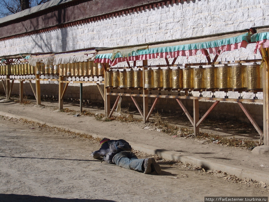 Это не тибетский пьяница, а паломник, совершающий кора вокруг Ташилхунпо Шигатзе, Китай