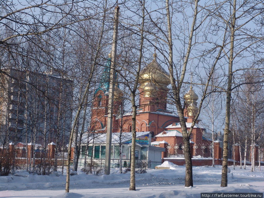 Вдруг через деревья слева появились купола церкви Тында, Россия