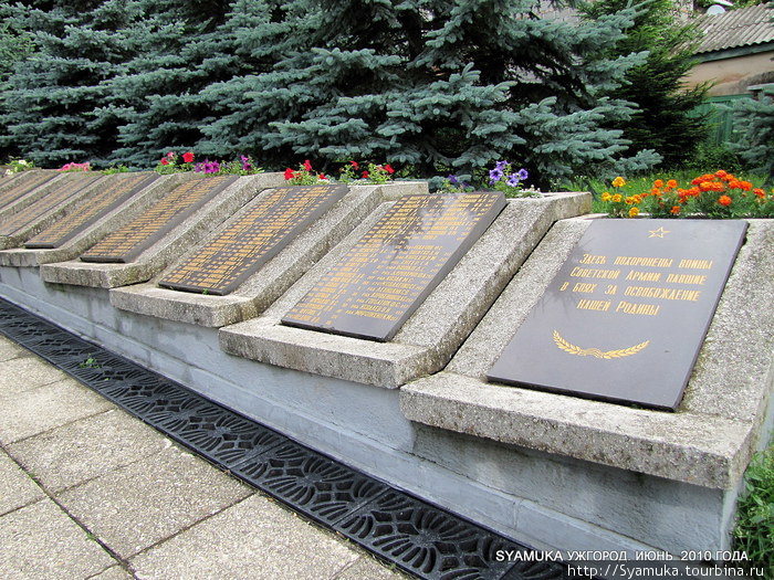 На одной из плит выбиты слова: Здесь похоронены воины Советской Армии, павшие в боях за освобождение нашей Родины. Ужгород, Украина