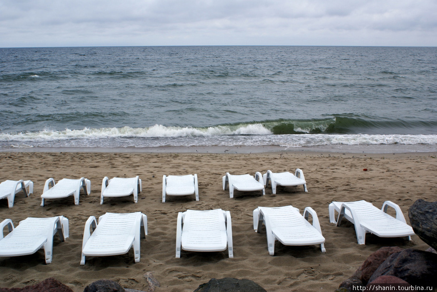 Белые лежаки на пляже Светлогорск, Россия